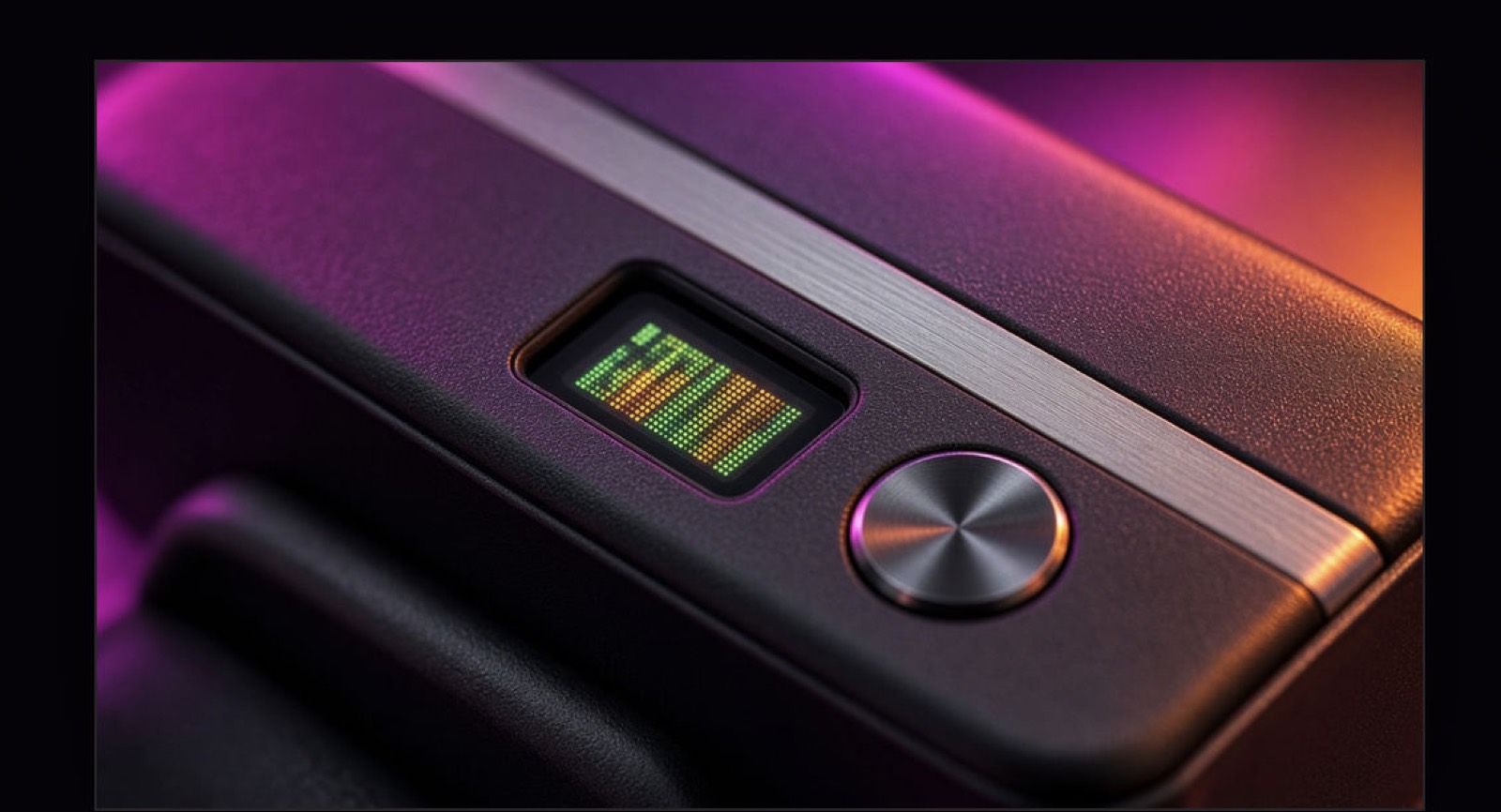 Close-up of the Rekovel display and confirm button in neon rim light