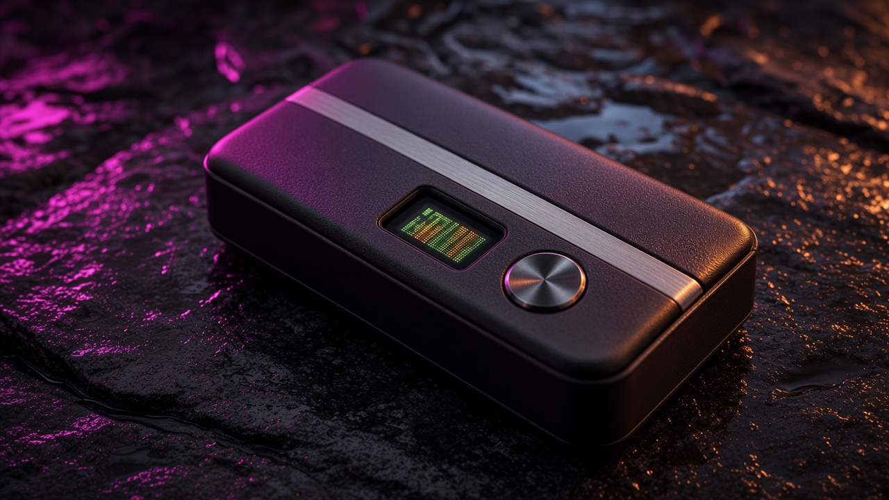 Rekovel cold wallet on wet black stone reflecting neon city light